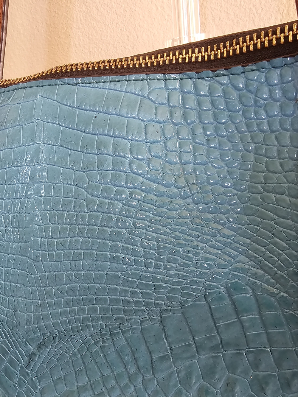 Kate Landry Turquoise Croc-Embossed Tote with Brown Straps - Picture 4 of 9